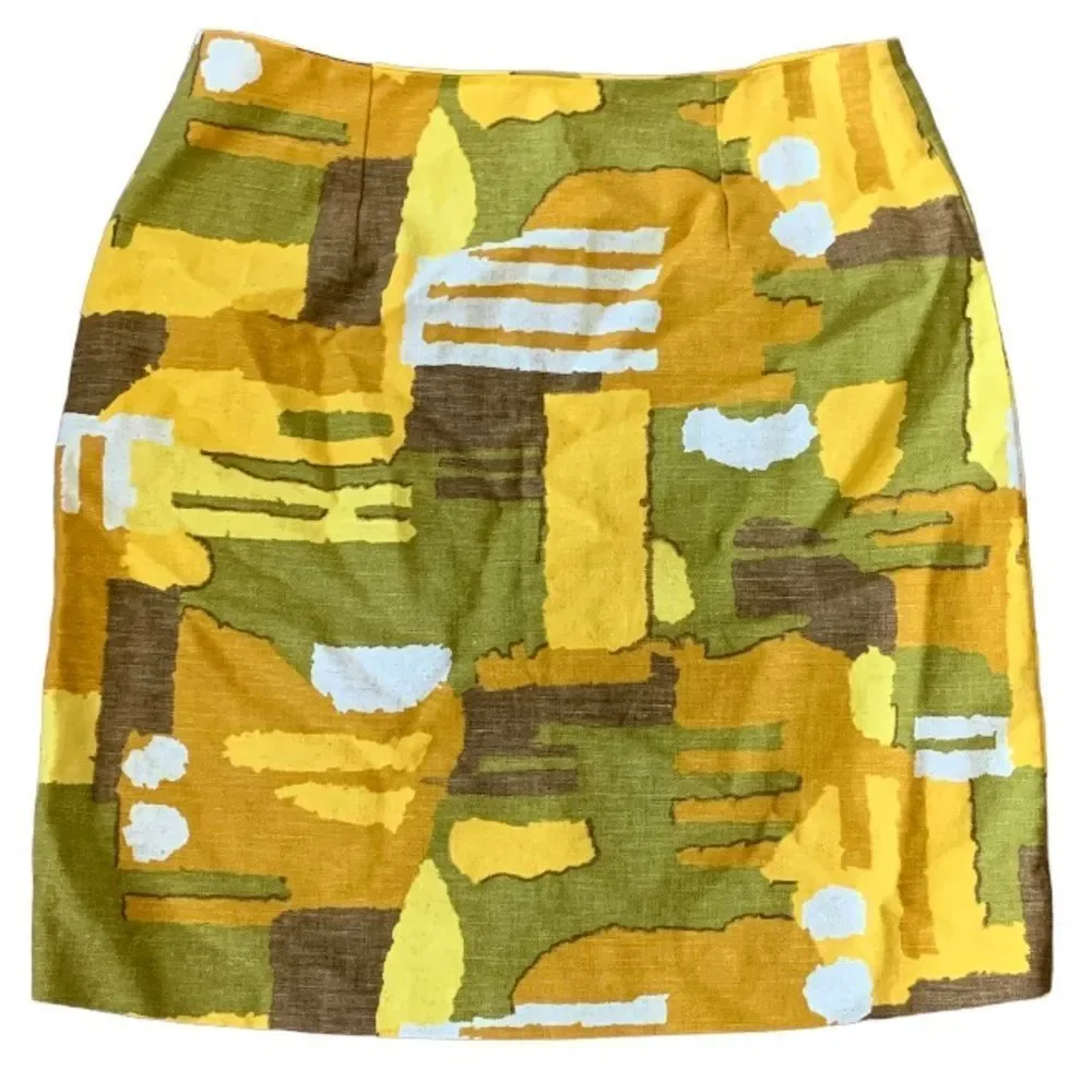 NWT Marianne Monteleone Retro Abstract Print Skirt Yellow Green Linen Blend —S
